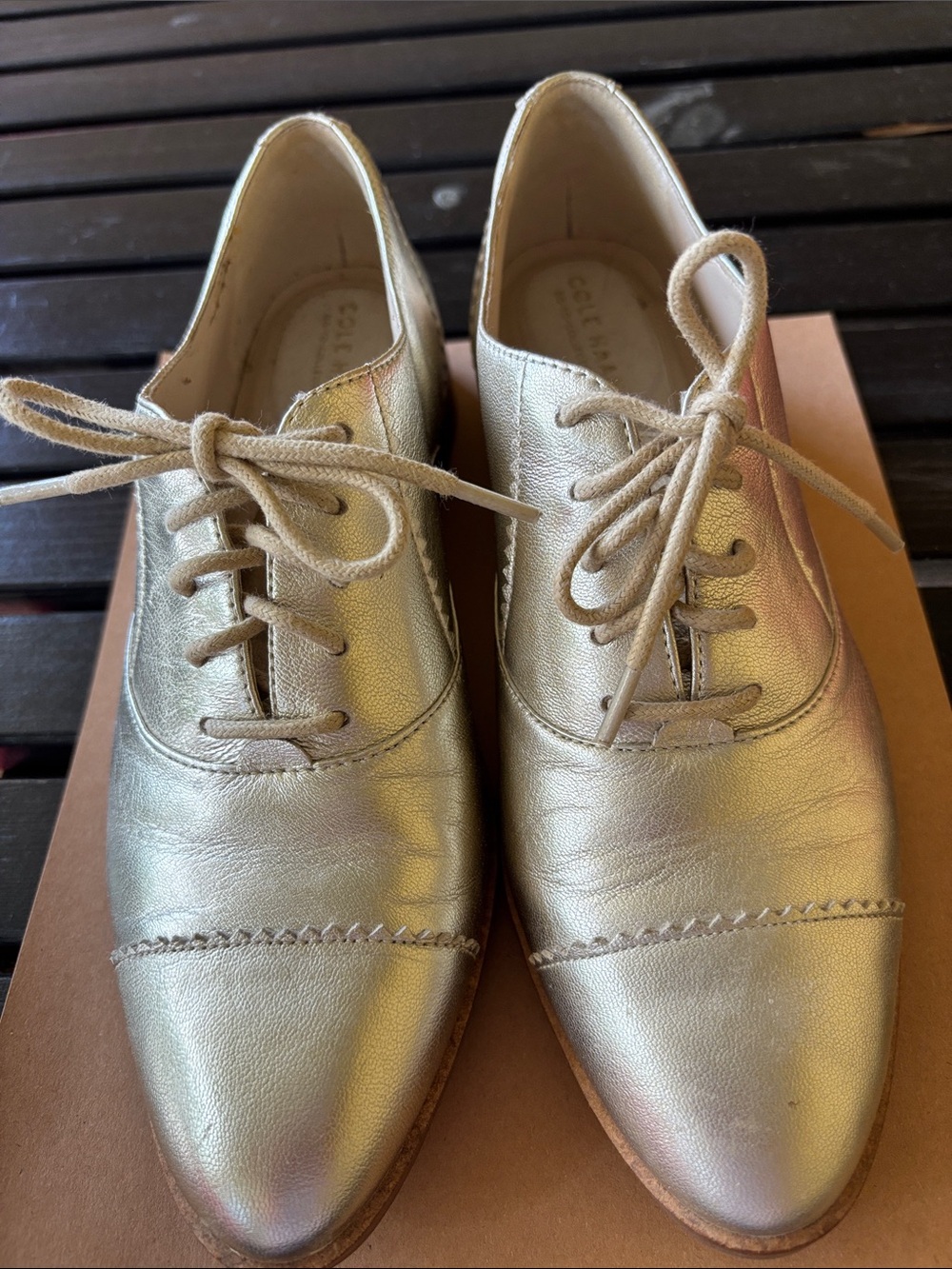 Cole Haan Metallic Gold Lace-Up Oxford Flats